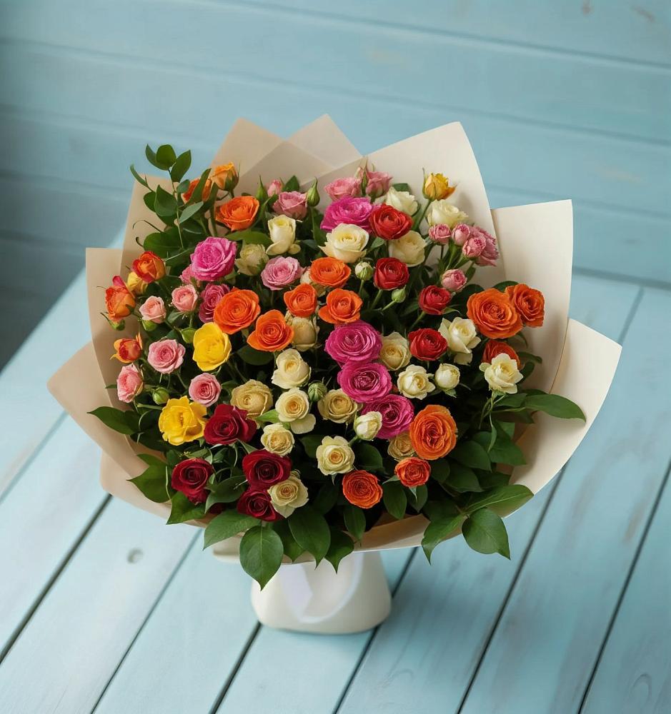 Букет Микс из разноцветных кустовых роз в Бурмакино