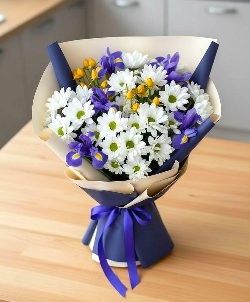 Букет цветов из: Розы, Ирисы и Хризантемы в Бурмакино