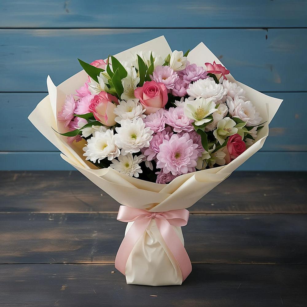 Букет цветов из: Хризантемы, Альстромерии и Розы в Бурмакино